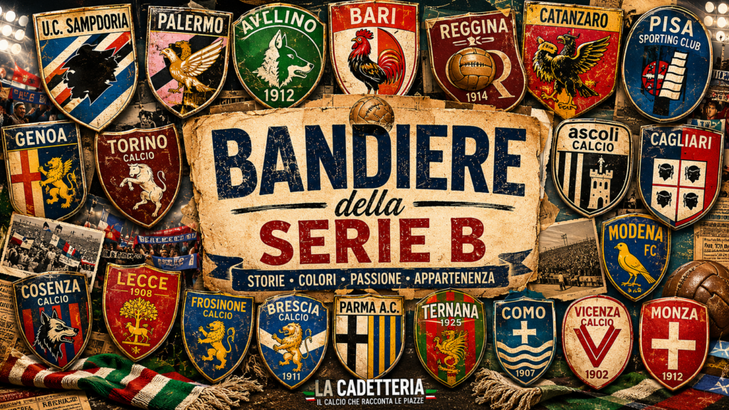 Collage vintage delle bandiere della Serie B con loghi storici di Sampdoria, Bari, Palermo, Avellino, Modena e Catanzaro